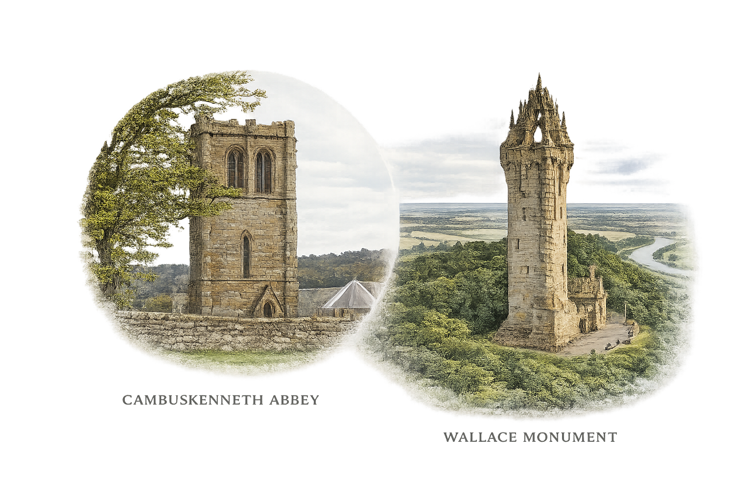 stylised image of cambuskenneth abbey and the wallace monument